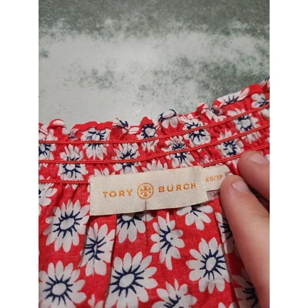 Tory Burch Red White Floral Primrose Nantucket Off Shoulder Romper sz XS
